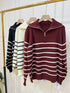Heavy Knitted Collar Zip Stripes Pullover